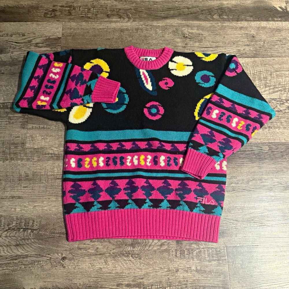 FILA 100% Wool Knit Pullover Sweater Women's Crew Neck Geometric Black Pink